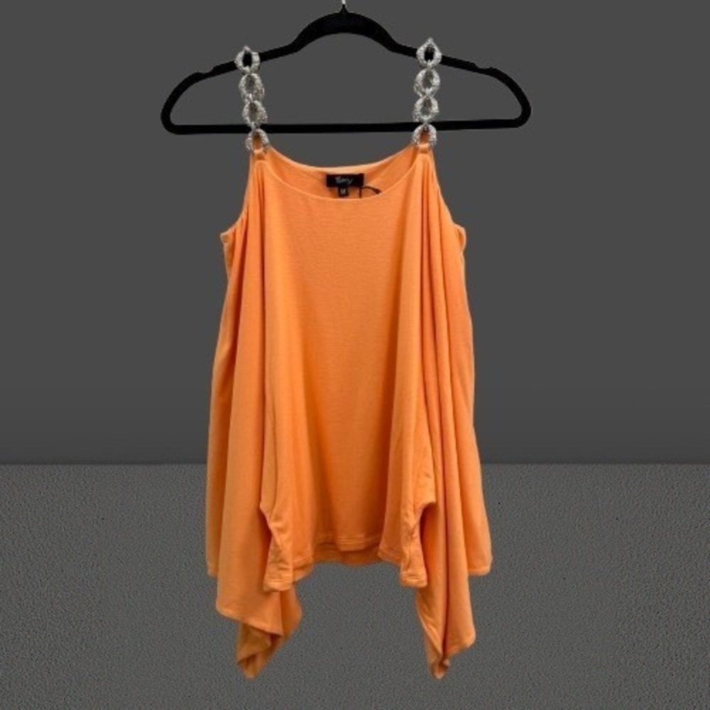 NEW Sky Women Cold Shoulder Top Rhinestone Chain Straps Drape Orange Medium - Picture 2 of 4